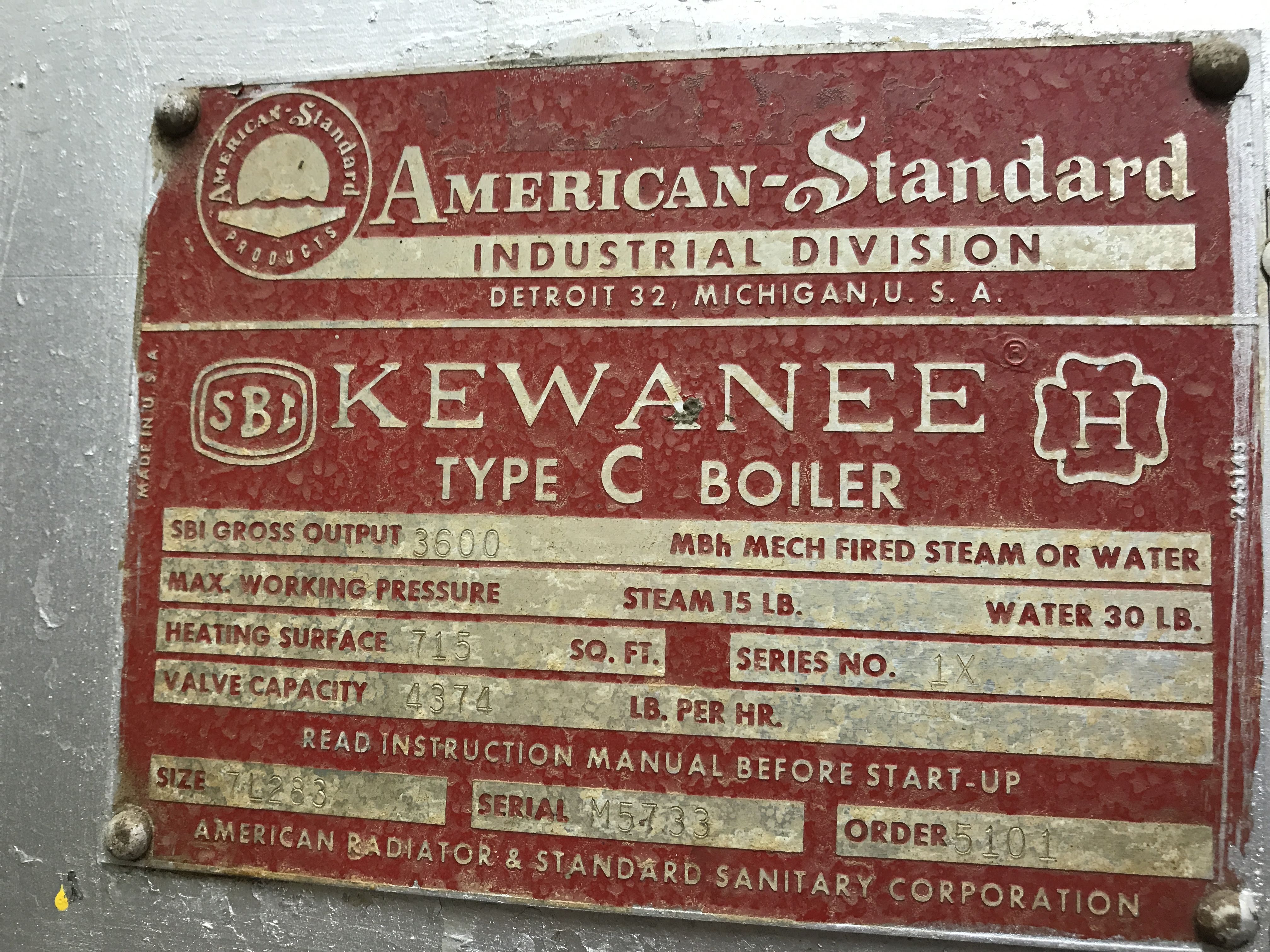 Boiler nameplate showing pressure rating and equipment identification