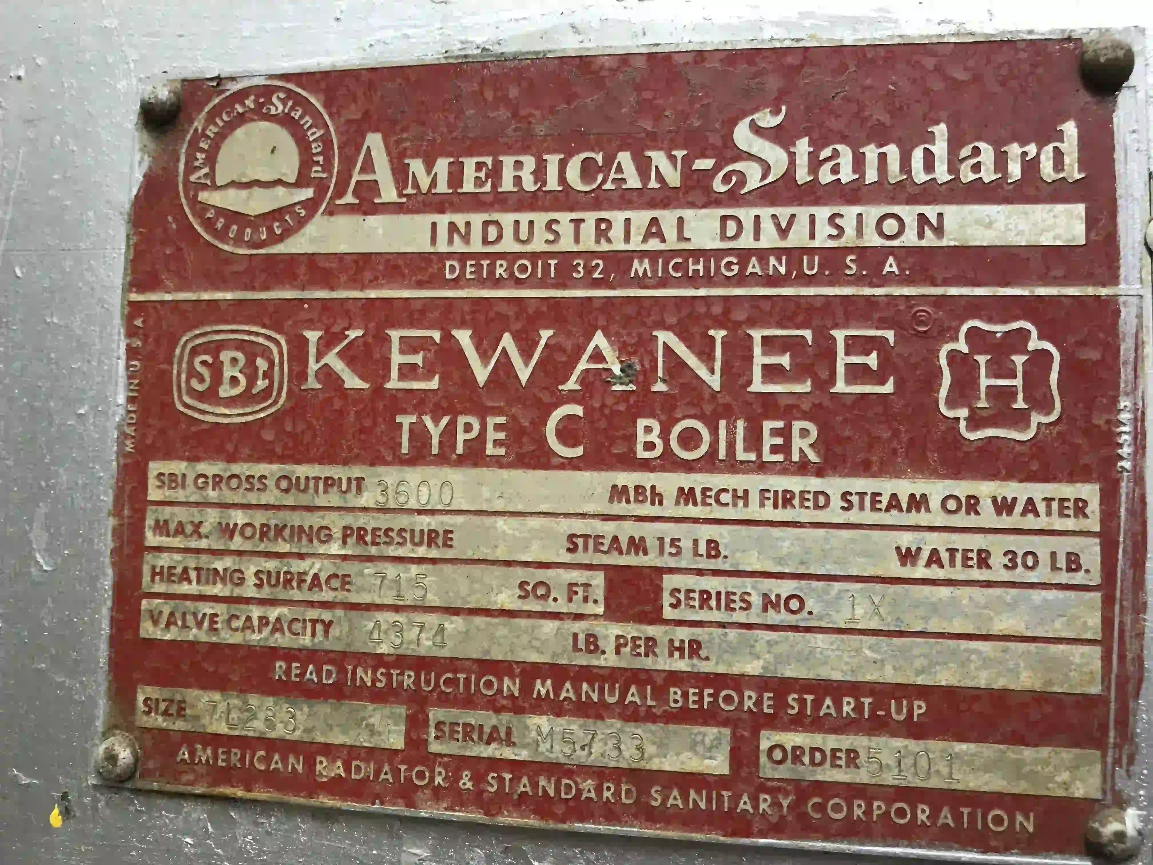 Boiler nameplate showing pressure rating and equipment identification