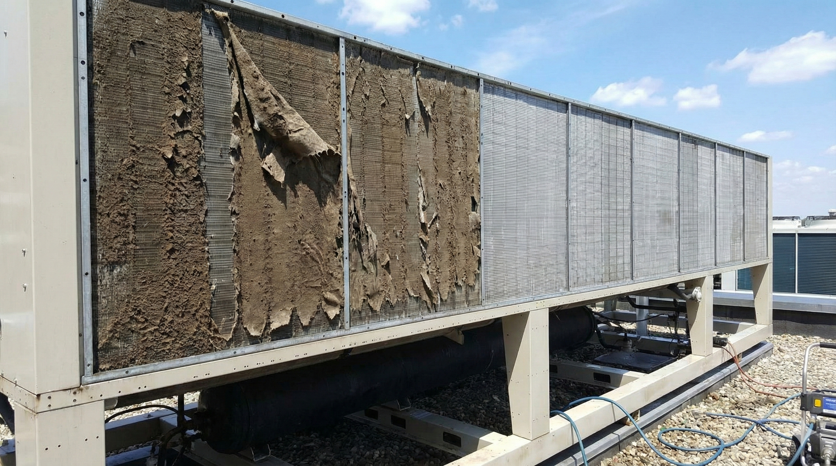 Cottonwood buildup on outdoor Carrier air-cooled chiller