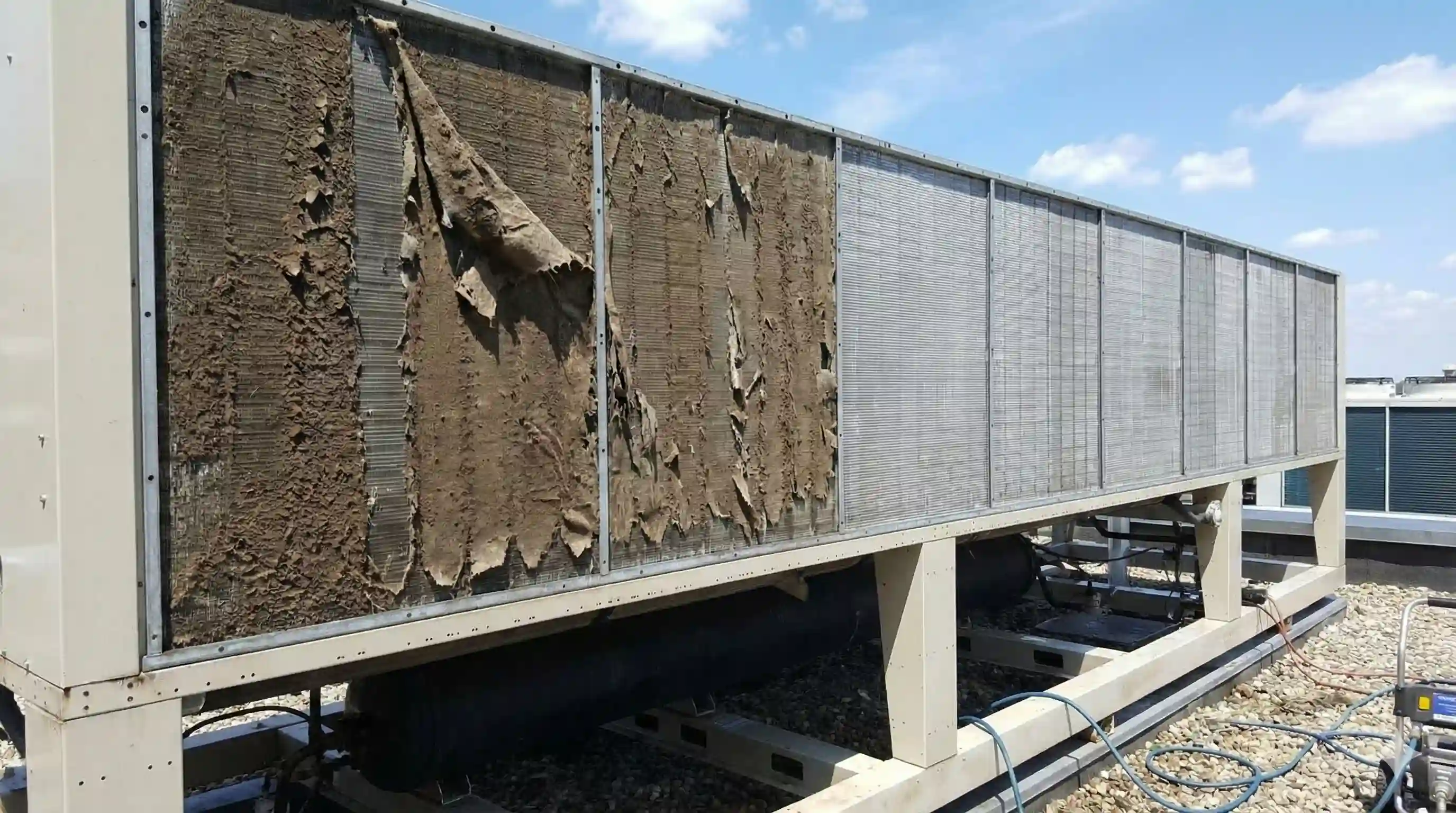 Air-cooled chiller coils showing cottonwood accumulation