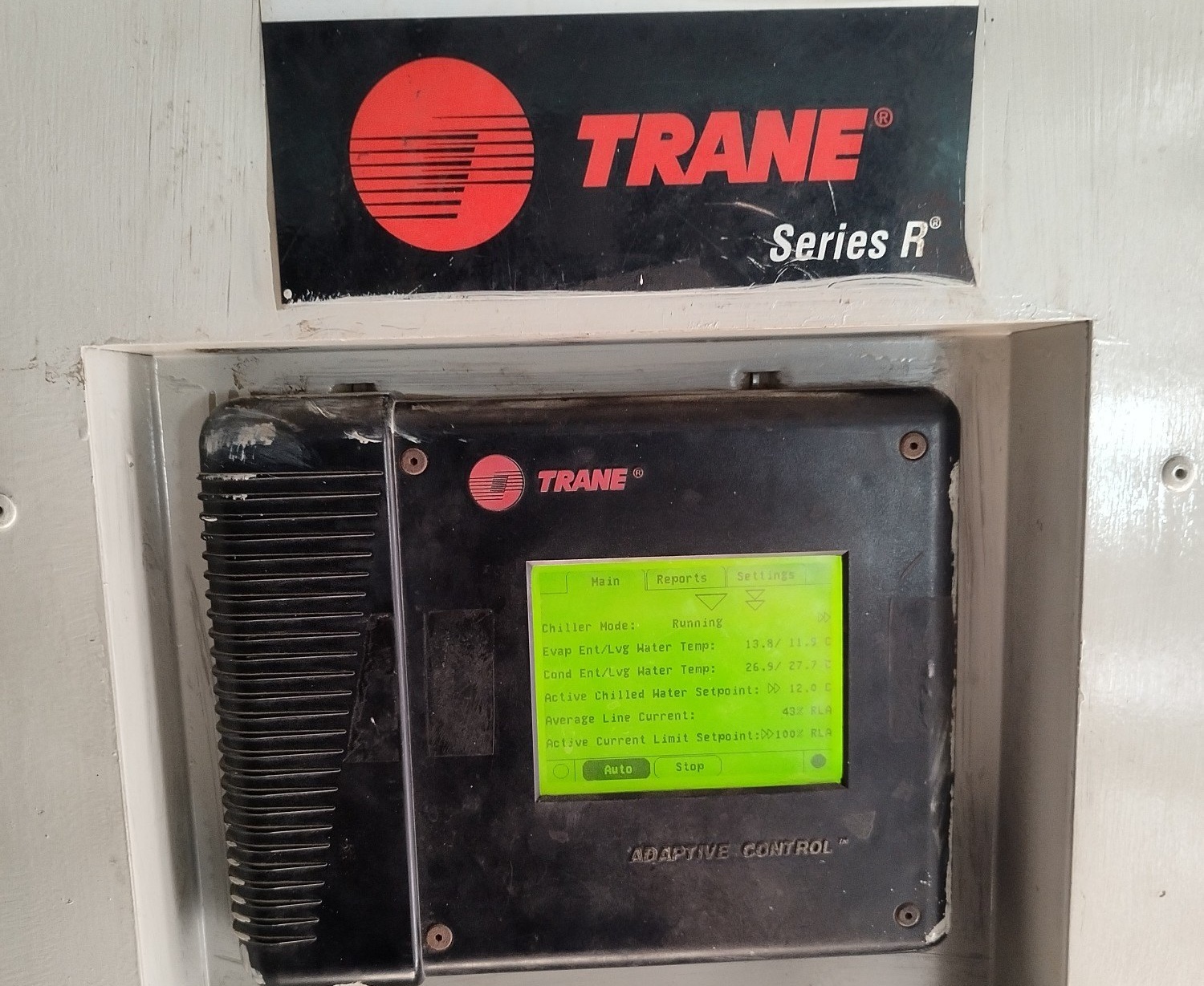 Trane chiller control panel showing alarm indicators